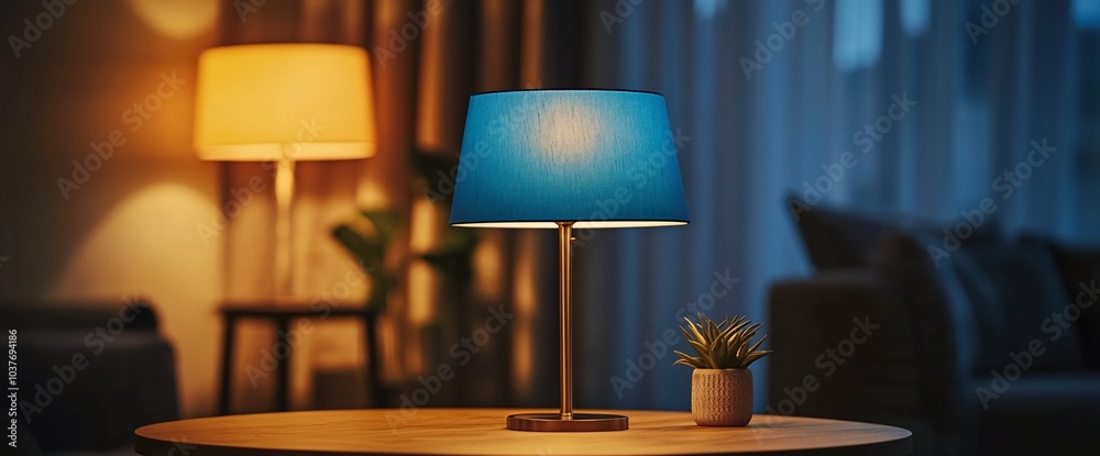Obraz premium Blue lampshade on a wooden table with blurred background.