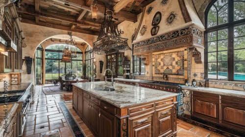 kitchen and dining table in a very luxurious classic style