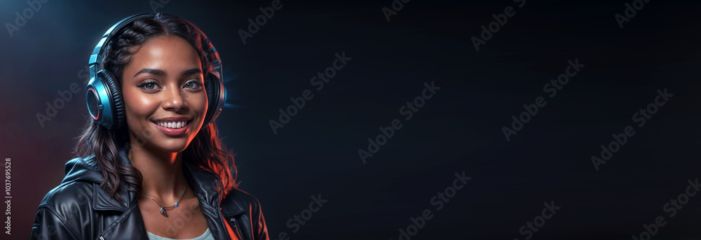 banner fashion black smiling woman with big headphones with cinematic blue and red light with empty space for text or design banner fashion black smiling woman with big headphones with cinematic blue and red light with empty space for text or design