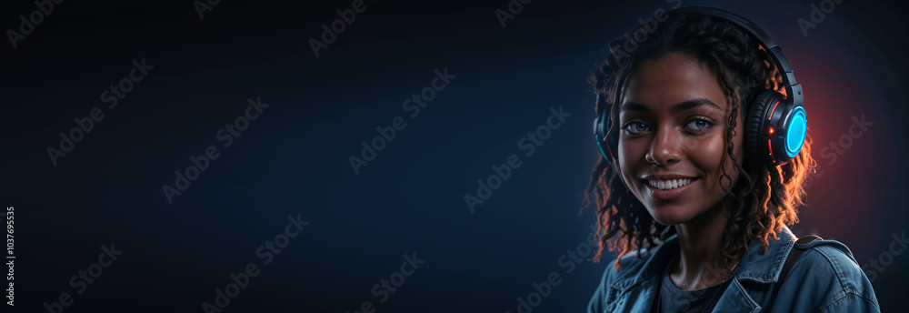 banner fashion black smiling woman with big headphones with cinematic blue and red light with empty space for text or design banner fashion black smiling woman with big headphones with cinematic blue and red light with empty space for text or design