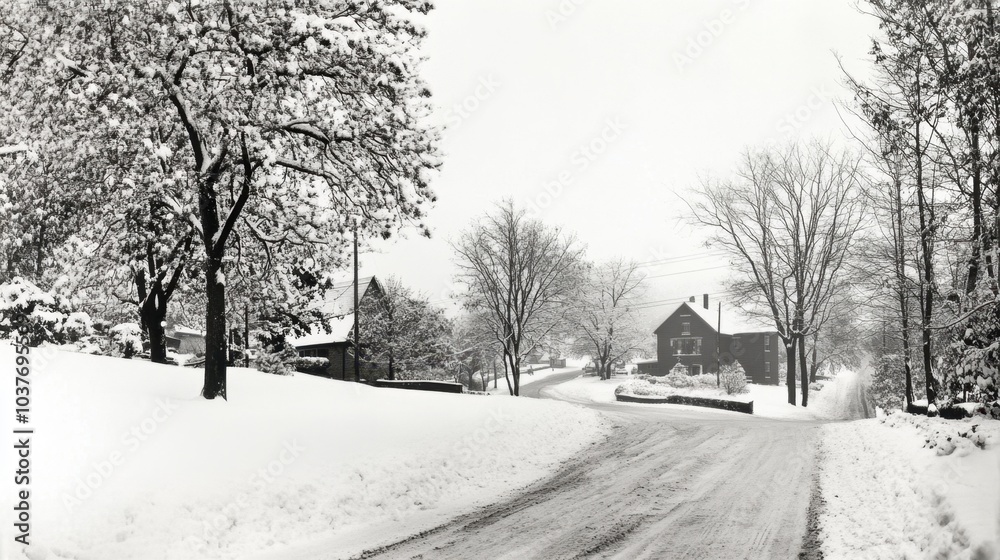Snowy landscape with road and house Snowy landscape with road and house