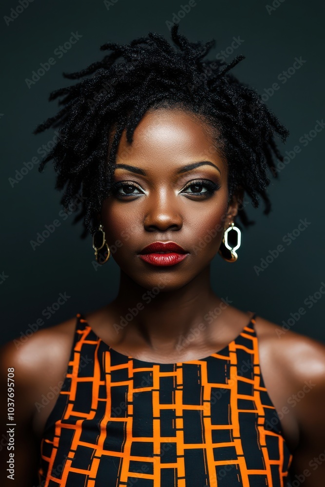 Woman with dreadlocks wearing a geometric print dress, portrait on a dark background Woman with dreadlocks wearing a geometric print dress, portrait on a dark background