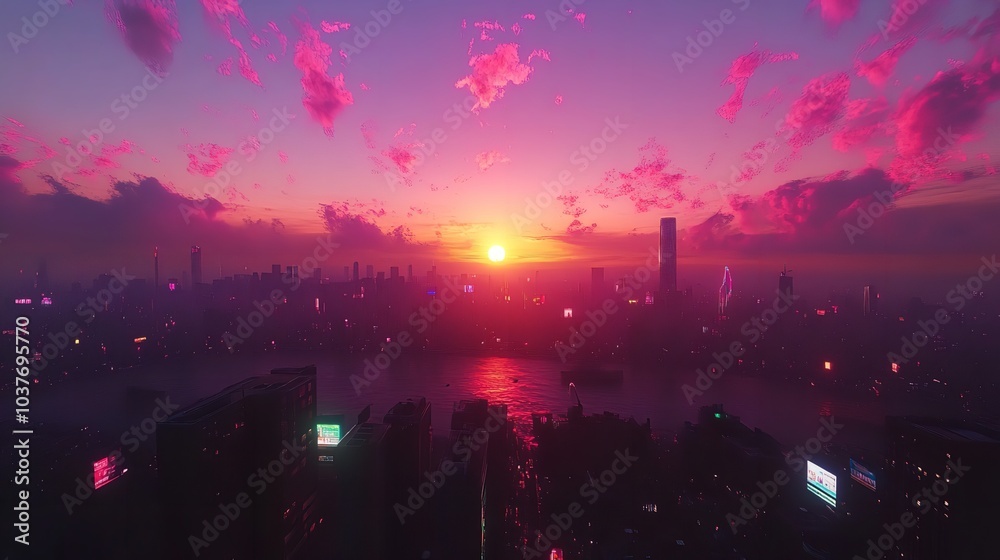 Fototapeta premium A Spectacular Sunset Over a Vibrant City with Glowing Skyscrapers for Stunning Urban Decor