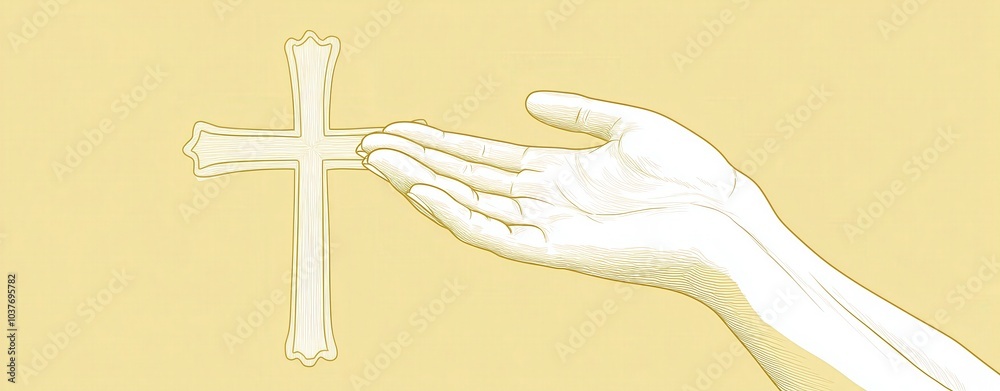 Help Hand Cross Hand reaching towards a cross on a yellow background. Gold line ...