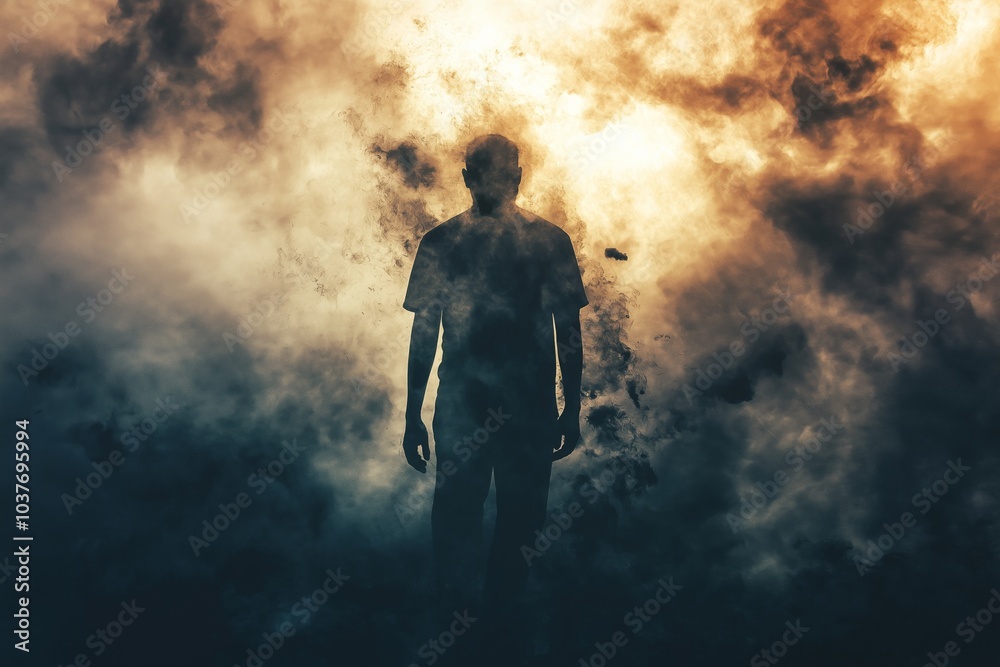 A mysterious silhouette of a person walks through a surreal, smoke-filled scene, evoking mystery and contemplation. A mysterious silhouette of a person walks through a surreal, smoke-filled scene, evoking mystery and contemplation.