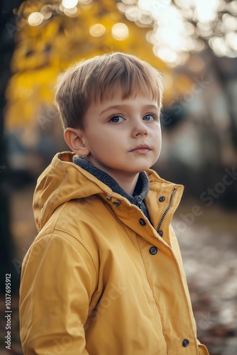 A young boy stands solemnly in a yellow coat, surrounded by the warm colors of an autumn sunset and falling leaves. photo