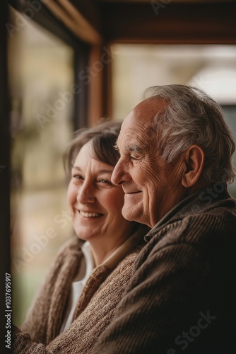 An elderly couple happily smiles together, enjoying a cozy, sunlit moment by their window and lush surroundings.