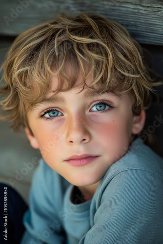 An expressive close-up portrait of a child with bright blue eyes and curly blond hair, showing innocence and purity.