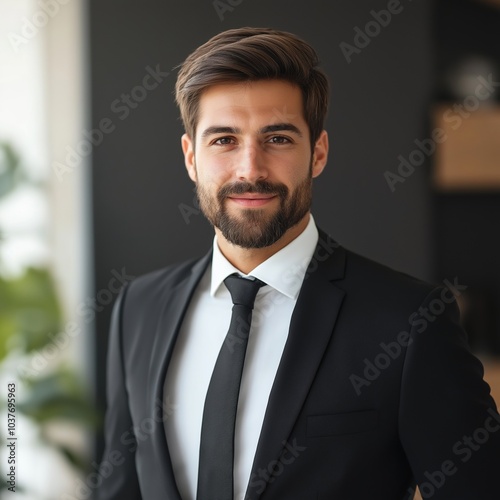 A professional, confident man in a suit poses indoors, exuding success and confidence in the modern workspace.