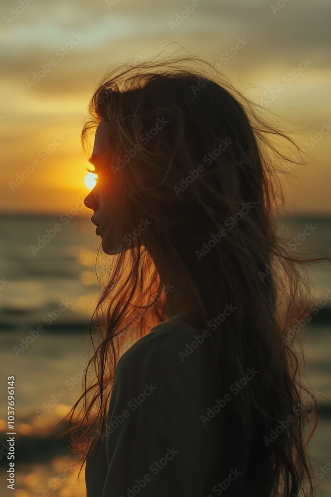 A woman gazes at the sunset over the ocean, captured in silhouette, suggesting introspection and serenity. A woman gazes at the sunset over the ocean, captured in silhouette, suggesting introspection and serenity.