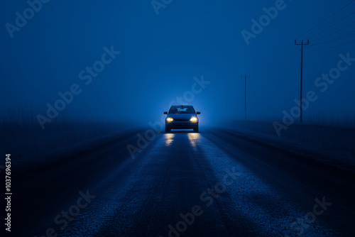 A lone car drives on a foggy road at night, highlighting the isolation and mystery of the moment.