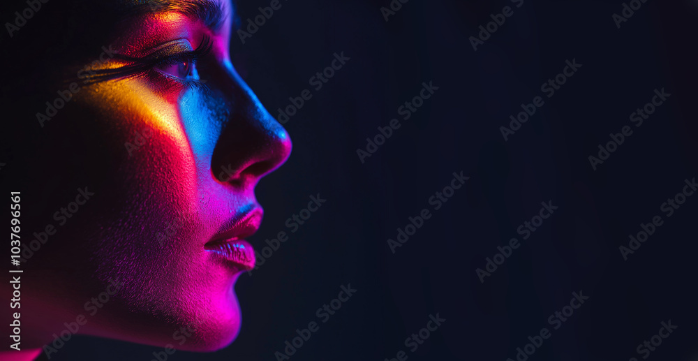 A woman's profile is illuminated by vivid colored lights, highlighting facial features in a colorful, captivating style. A woman's profile is illuminated by vivid colored lights, highlighting facial features in a colorful, captivating style.