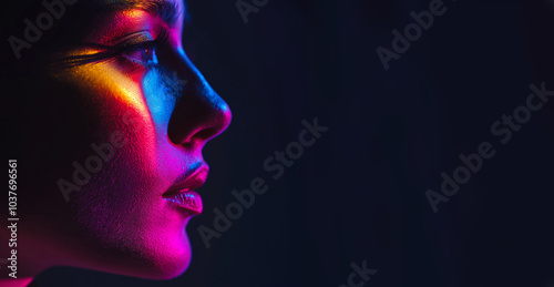 A woman's profile is illuminated by vivid colored lights, highlighting facial features in a colorful, captivating style.