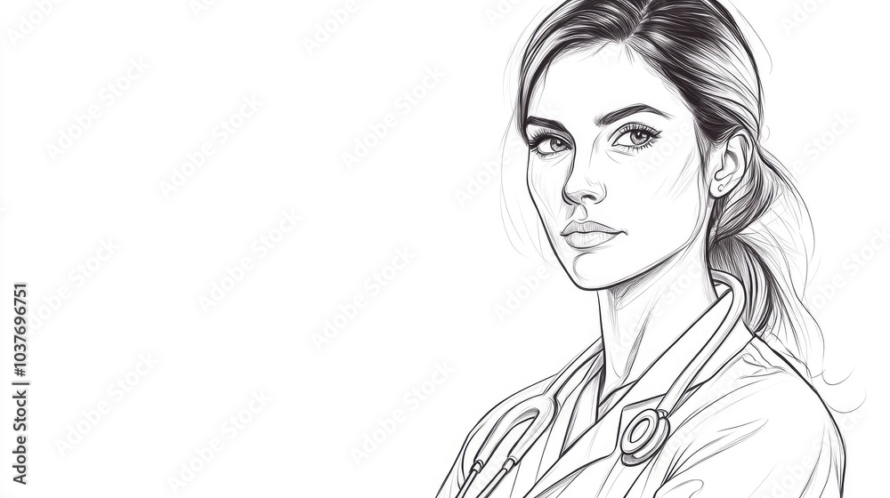 Female physician in medical uniform illustrating healthcare profession through hand drawn line art Female physician in medical uniform illustrating healthcare profession through hand drawn line art