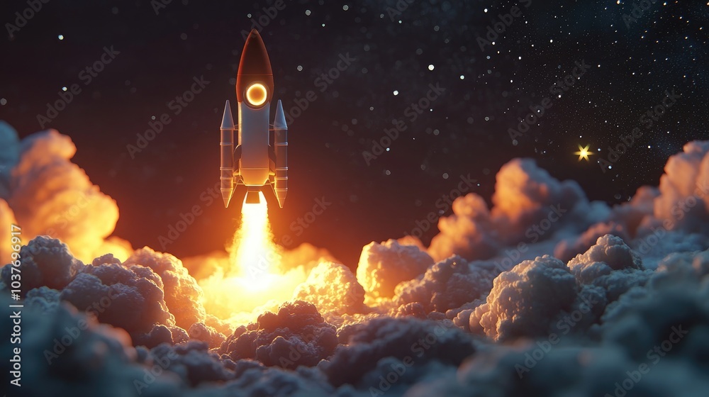 Rocket stars in a 3D cartoon rendering as a spaceship launches into the night sky on a mission Rocket stars in a 3D cartoon rendering as a spaceship launches into the night sky on a mission