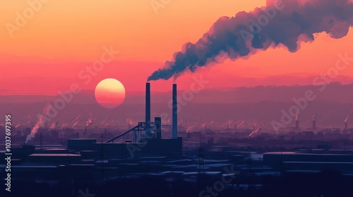 Panoramic Aerial View Of Large Industrial Factory Producing Steel Products Large Smokestack Chimney Emitting Smoke Over Landscape During Sunset photo