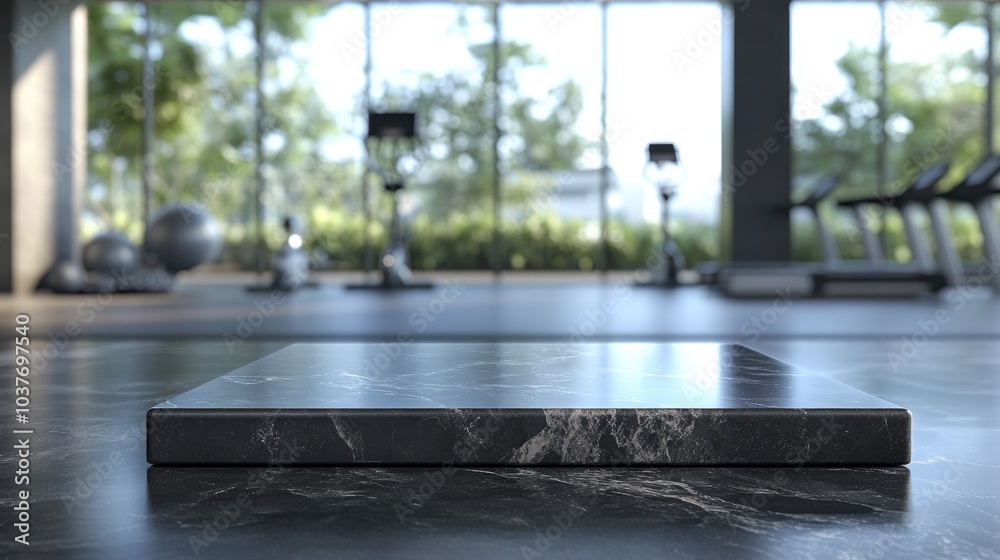 3D rendering of an empty black marble stone table top on a blurred exercise and fitness interior background ideal for product display or montage 3D rendering of an empty black marble stone table top on a blurred exercise and fitness interior background ideal for product display or montage