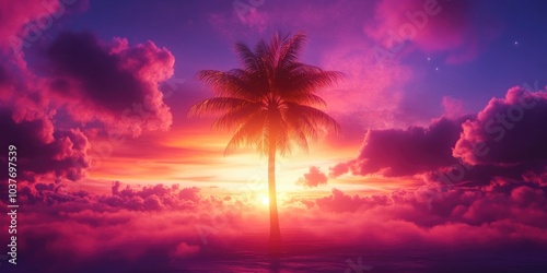 Silhouette of a tropical palm tree against a sunset sky with clouds, featuring sunlight and abstract background Perfect for summer vacation and nature adventure themes Vintage tone filter effect