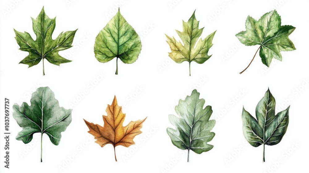 Fototapeta premium Collection of hand painted watercolor leaves for design purposes