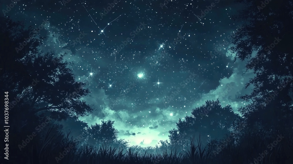 A stunning cosmic illustration featuring a dark backdrop illuminated by glowing stars in the night sky A stunning cosmic illustration featuring a dark backdrop illuminated by glowing stars in the night sky