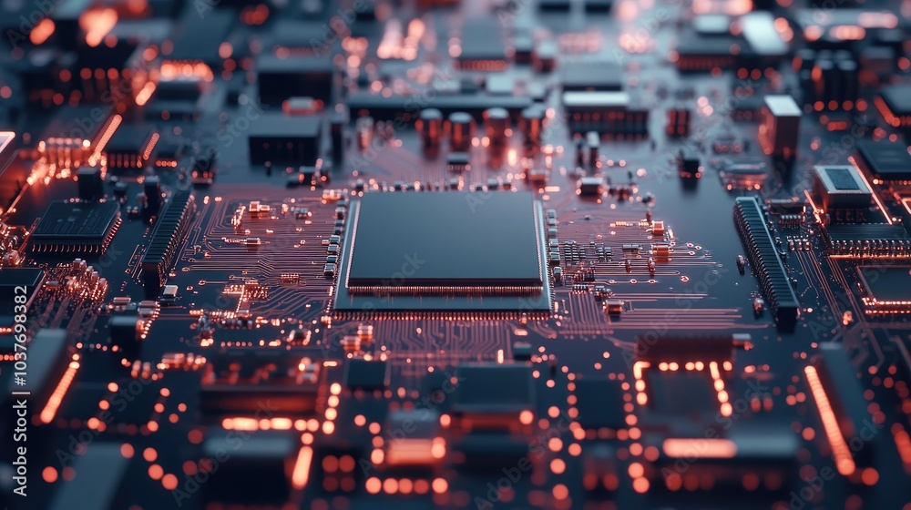 Advanced Processing Unit on Printed Circuit Board in an Electronics Factory with a Fully Automated PCB Assembly Line for Electronic Device Production Advanced Processing Unit on Printed Circuit Board in an Electronics Factory with a Fully Automated PCB Assembly Line for Electronic Device Production