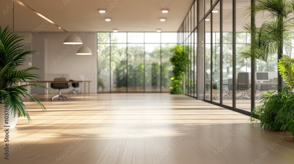 3D rendering of a minimalist open space office background featuring a blurred modern contemporary office and meeting room showcasing panoramic glass windows indoor greenery and a wooden floor 3D rendering of a minimalist open space office background featuring a blurred modern contemporary office and meeting room showcasing panoramic glass windows indoor greenery and a wooden floor