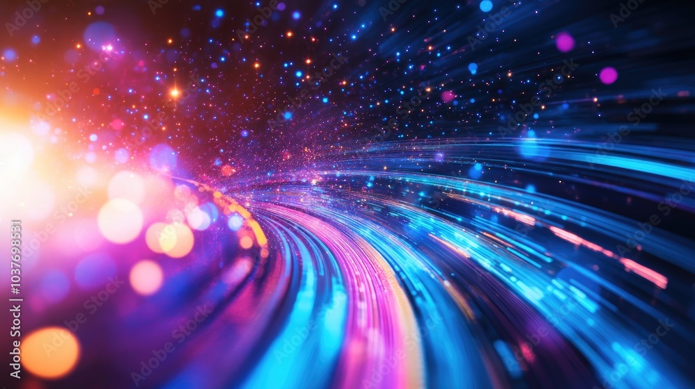 Fototapeta premium Panoramic view of advanced technology concept featuring a vibrant abstract background Image showcases dynamic motion blurred effects in blue and purple neon hues