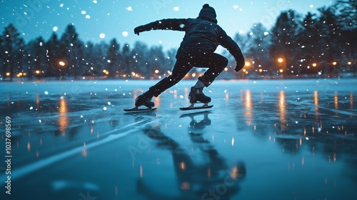 Ice skater gliding across a frozen lake under snowfall, showcasing winter sports, motion, and balance in a serene evening atmosphere. photo