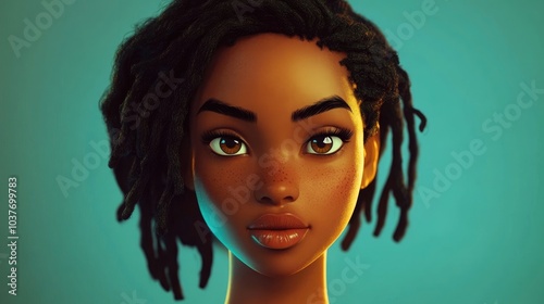 3D Cartoon Portrait of a Stunning Young Woman with Dark Skin