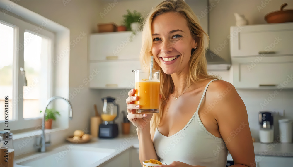 Beautiful Woman Drinking Orange Juice in Kitchen. Beautiful Woman Drinking Orange Juice in Kitchen.