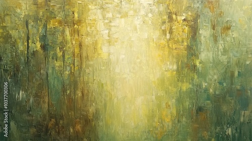 Abstract oil painting in green and yellow tones.