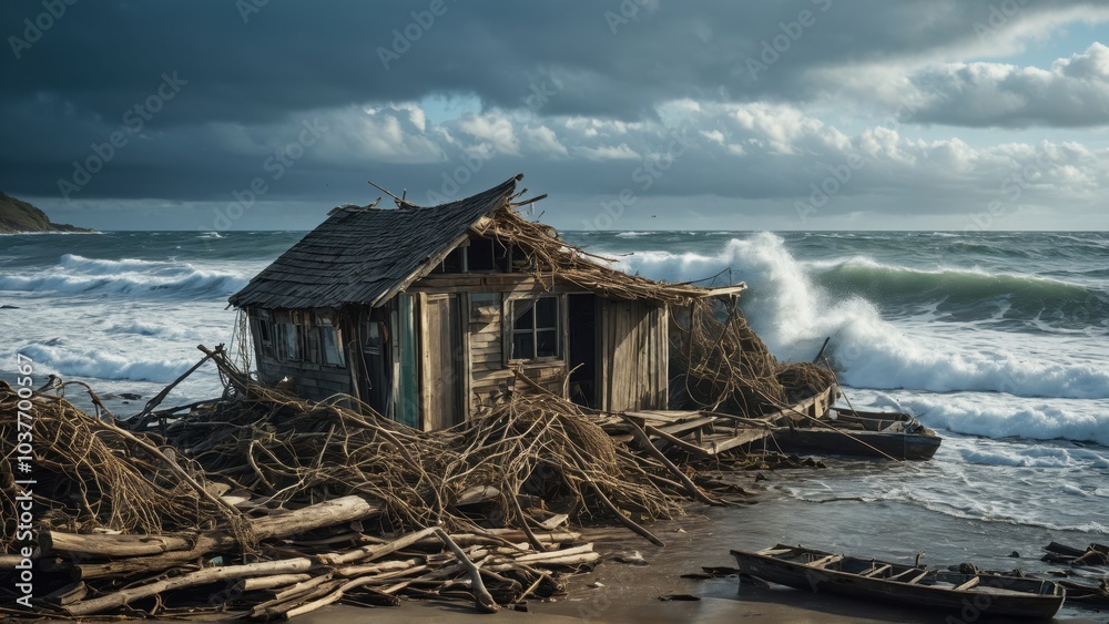 A weathered wooden shack destroyed by a storm on the coast, surrounded by debris and driftwood, with rough waves crashing in the background A weathered wooden shack destroyed by a storm on the coast, surrounded by debris and driftwood, with rough waves crashing in the background