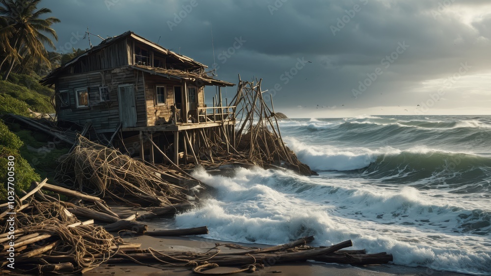 A weathered wooden shack destroyed by a storm on the coast, surrounded by debris and driftwood, with rough waves crashing in the background A weathered wooden shack destroyed by a storm on the coast, surrounded by debris and driftwood, with rough waves crashing in the background
