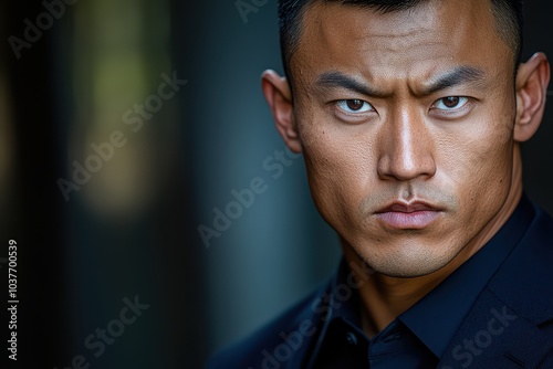 Close-up portrait of a focused Asian man in a black suit with intense expression