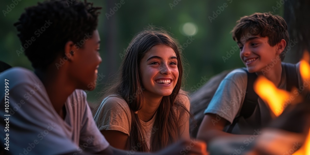 Fototapeta premium Three friends enjoying a bonfire at night.