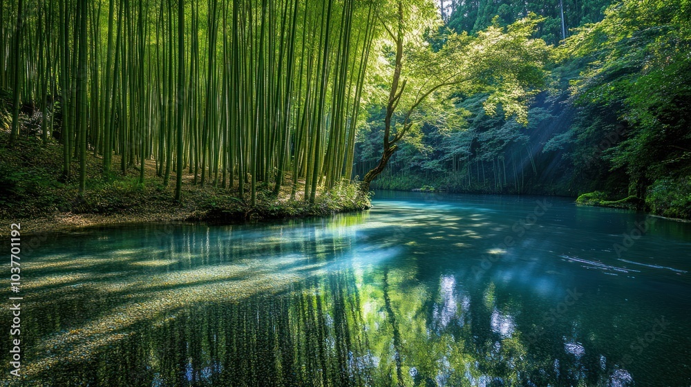 Obraz premium Bamboo trees line the riverbank, swaying gently in the breeze. Their tall, slender stalks create a serene, natural boundary, adding beauty and tranquility to the forested area.