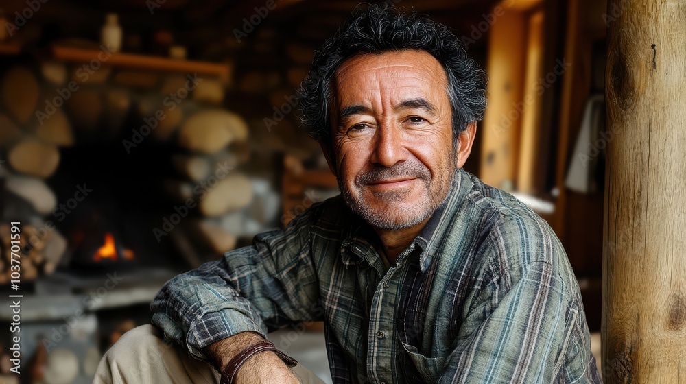 Mature man in a rustic cabin, smiling warmly in front of a fireplace Mature man in a rustic cabin, smiling warmly in front of a fireplace