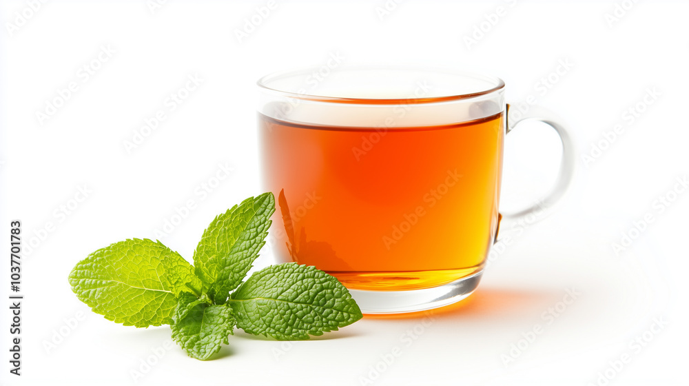 refreshing cup of herbal tea with fresh mint leaves, showcasing vibrant amber color. This soothing beverage is perfect for relaxation and enjoyment. refreshing cup of herbal tea with fresh mint leaves, showcasing vibrant amber color. This soothing beverage is perfect for relaxation and enjoyment.