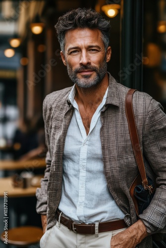 Stylish Mature Man with Beard Smiling Outdoors