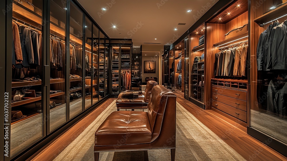 Spacious walk-in closet with floor-to-ceiling glass cabinets leather seating and soft spotlights shot from a low angle narrow depth of field Spacious walk-in closet with floor-to-ceiling glass cabinets leather seating and soft spotlights shot from a low angle narrow depth of field