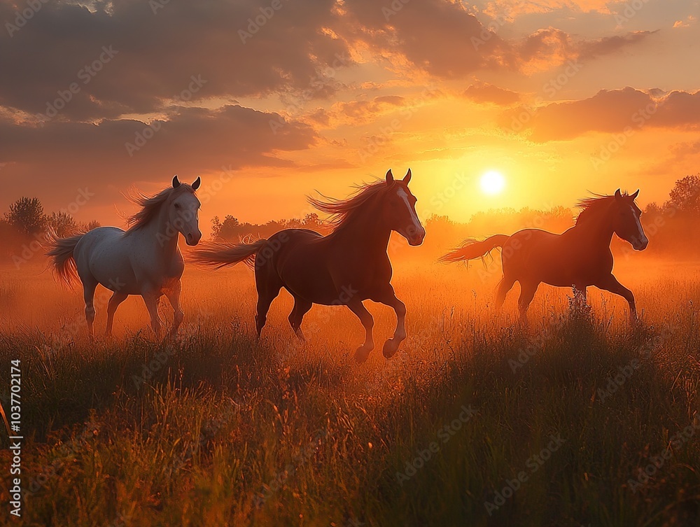 Three Horses Running at Sunset in a Field Three Horses Running at Sunset in a Field