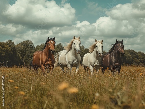 Four Horses Running Through a Green Meadow