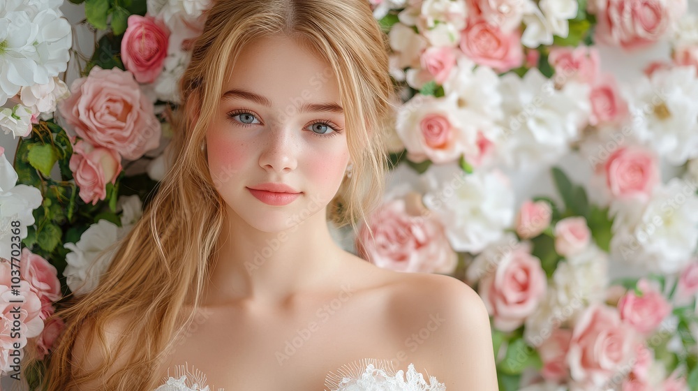 Blonde Bride Surrounded by Soft Pink Roses