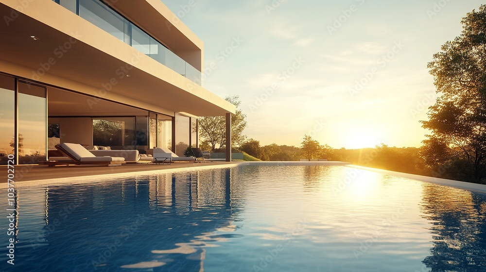 Contemporary house with a glass facade overlooking a large pool wooden poolside seating golden hour light shot from the pool mid-angle wide lens Contemporary house with a glass facade overlooking a large pool wooden poolside seating golden hour light shot from the pool mid-angle wide lens