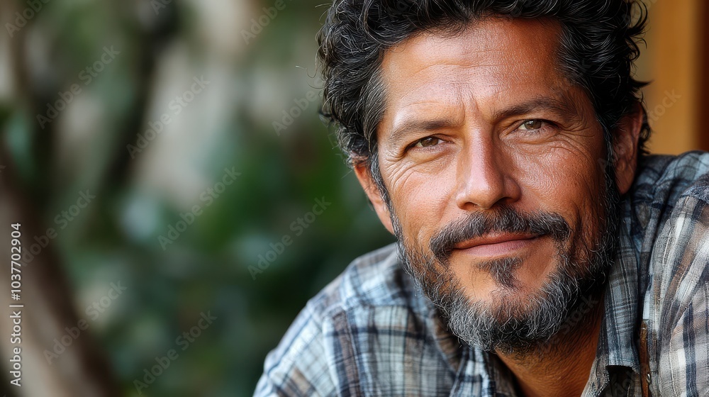 Close-up portrait of a bearded man with a gentle smile, wearing a plaid shirt, outdoors Close-up portrait of a bearded man with a gentle smile, wearing a plaid shirt, outdoors