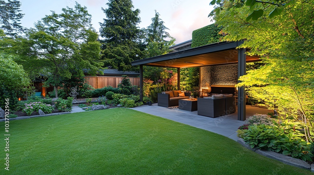Contemporary backyard with a covered patio sleek furniture and a well-lit garden soft evening light shot from ground level wide lens Contemporary backyard with a covered patio sleek furniture and a well-lit garden soft evening light shot from ground level wide lens