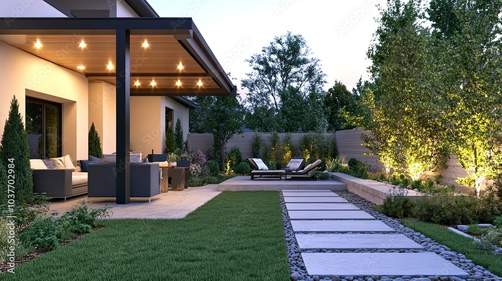 Contemporary backyard with a covered patio sleek furniture and a well-lit garden soft evening light shot from ground level wide lens Contemporary backyard with a covered patio sleek furniture and a well-lit garden soft evening light shot from ground level wide lens
