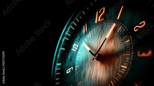 Close-up of a modern clock face showing precise hands and sleek design, illuminated in warm and cool tones, representing the abstract concept of time and motion.