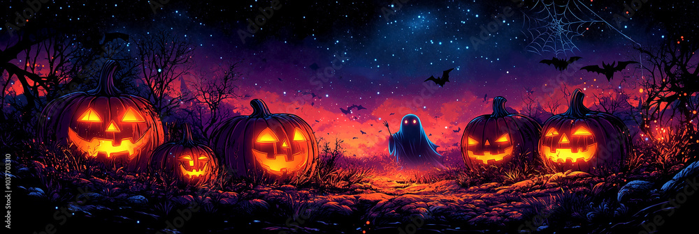 A spooky Halloween night scene with glowing jack-o'-lanterns and a ghostly figure in a dark, moonlit landscape A spooky Halloween night scene with glowing jack-o'-lanterns and a ghostly figure in a dark, moonlit landscape