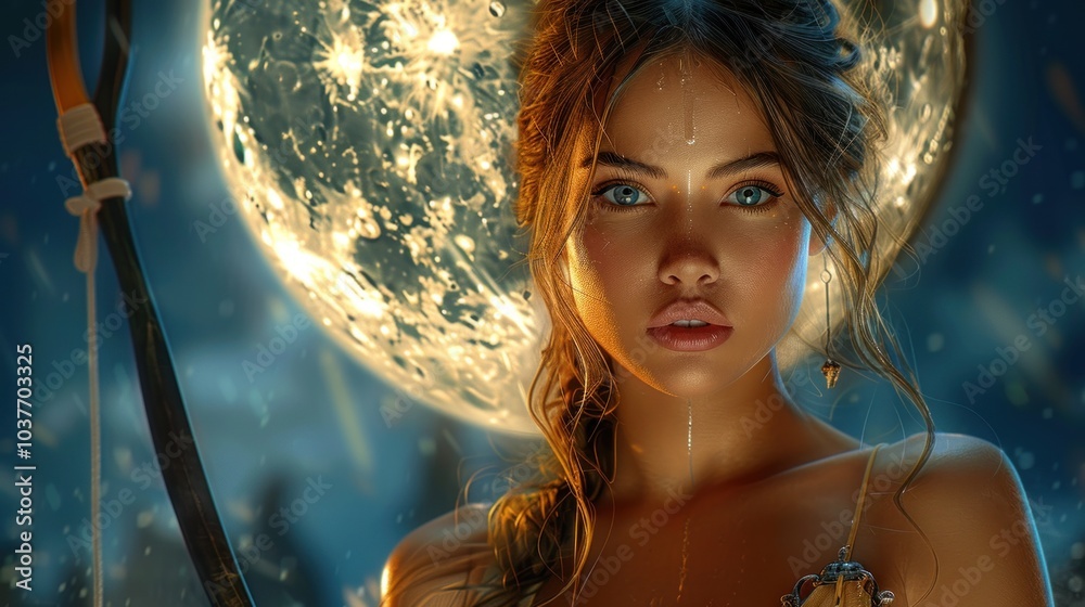 Naklejka premium Artemis - greek mythology, eternally young goddess of hunting, female chastity, patroness of all life on earth, bringing happiness in marriage, aiding in childbirth, later known as goddess of moon.